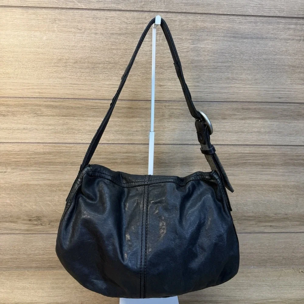 Lucky Brand Vintage Black Stash Fold Over Lamb Leather Purse Bag Lamb Leather